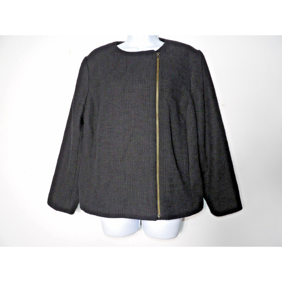 Talbots 16WP Blazer Tweed Black Weave Cotton Cardigan Full Zip Office Career Lin - Picture 9 of 13